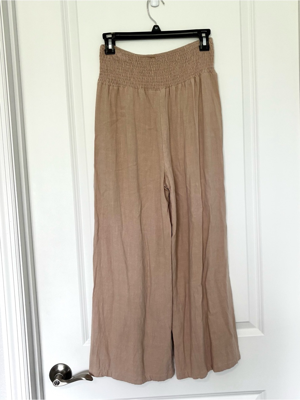 Anrabess Smocked Waist Wide Leg Pants Linen Blend Oatmeal Lightweight Summer M